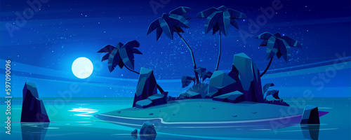 Uninhabited tiny tropical isle vector landscape at night. Dark small island with palm tree, rock and sand beach concept with dark starry sky and full moon light cartoon background. Calm ocean water