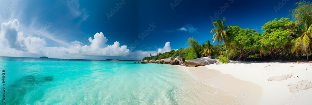 Beautiful beach with white sand, turquoise ocean and blue sky with clouds on Sunny day. Summer tropical landscape with green palm trees and Straw umbrellas with empty copy space. AI generative