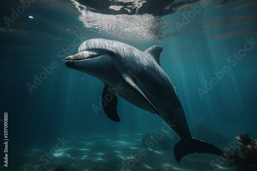 Exquisite dolphin swimming beneath the ocean surface. Generative AI