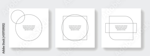 Minimalistic black and white social media layout set with geometrical framing, simple square web banner templates for business use with copy space