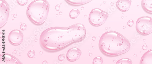 Realistic pink gel texture with transparent serum bubbles on surface. Vector illustration of beauty care product smear. Collagen drops, vitamin essense droplets, liquid cosmetic substance, spa oil
