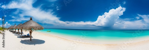 Beautiful beach with white sand, turquoise ocean and blue sky with clouds on Sunny day. Summer tropical landscape with green palm trees and Straw umbrellas with empty copy space. AI generative