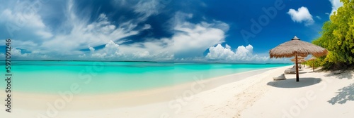 Beautiful beach with white sand, turquoise ocean and blue sky with clouds on Sunny day. Summer tropical landscape with green palm trees and Straw umbrellas with empty copy space. AI generative