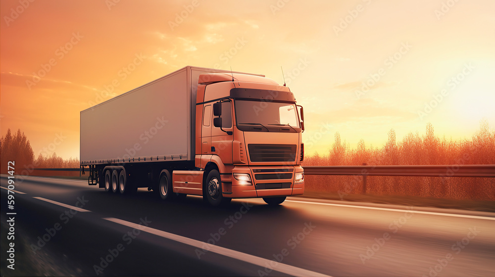 Truck with container on highway, cargo transportation, generative ai