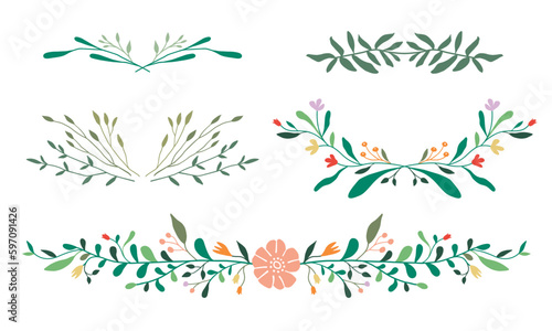 Flower and leaf frame. Botanical decoration wreath, garland, border illustration. Wildflower, herbs and plants. 