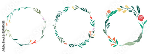 Flower and leaf frame. Botanical decoration wreath, garland, border illustration. Wildflower, herbs and plants. 