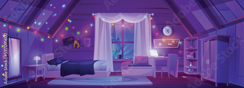 Cartoon attic room interior with girly furniture at night. Vector illustration of dark teenagers bedroom with laptop on desk, cozy bed and chair, mirror on wall, garland lights, forest view in window