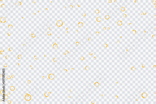 Golden air bubbles, oxygen, champagne crystal clear, isolated on a transparent background of modern design. Vector illustration of eps 10.