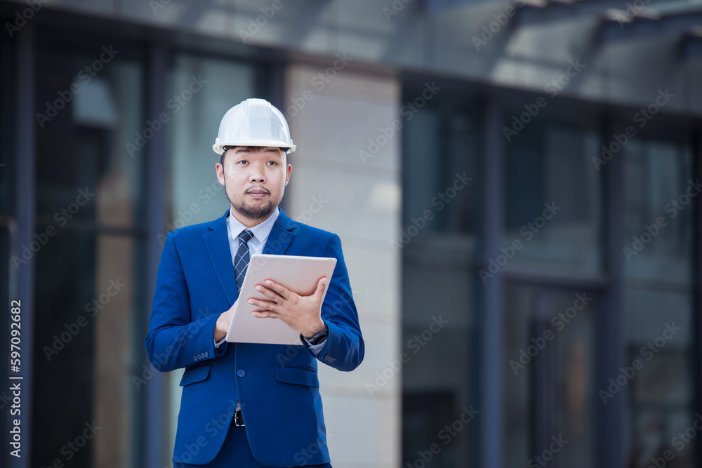 Handsome engineer wearing suit and hard hat or white helmet on building background. Engineer using tablet for checking construction about modern building. copy space for text. Handsome engineer wearing suit and hard hat or white helmet on building background. Engineer using tablet for checking construction about modern building. copy space for text.