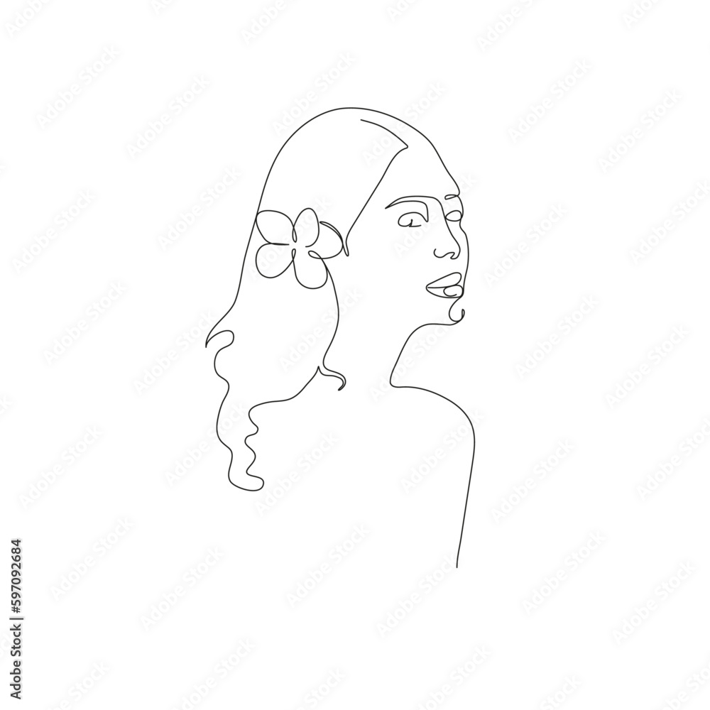 A portrait of a beautiful girl in one line art style with a flower for tattoo posters banners webs