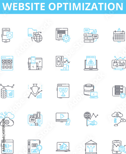 Website optimization vector line icons set. Optimization, Website, SEO, Analytics, Content, Loading, Servers illustration outline concept symbols and signs