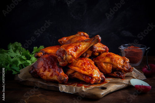Grilled spicy chicken wings with ketchup on a wooden table. Bbq chicken wings. Top view. Digital ai art