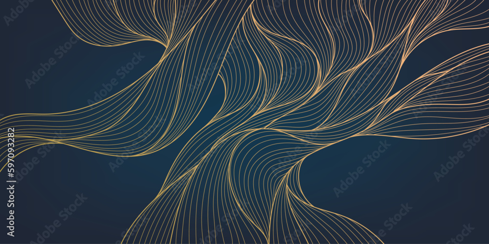 Vector abstract luxury golden wallpaper, wavy line art background. Organic dynamic pattern, texture for print, wall art, packaging design