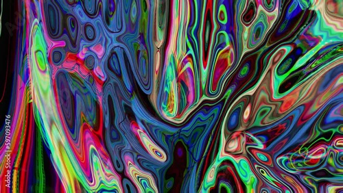 An entrancing and psychedelic art piece of abstract motion in a multi-colored metaverse world fills the full frame with mesmerizing patterns.