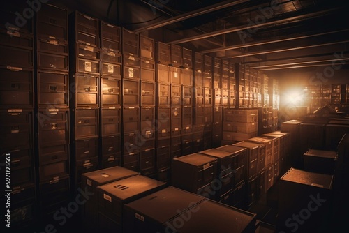 Boxes in lit storage facility, digital visual. Generative AI
