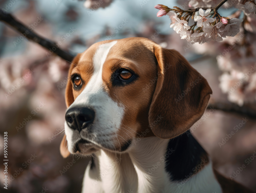 Beagle dog portrait against sakura blossom tree