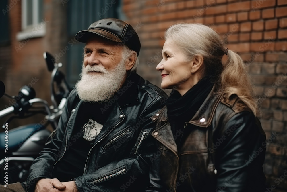 Fototapeta premium Retrato de una pareja de un hombre y una mujer moteros, motociclistas, maduros, canosos. Concepto de libertad y vida activa. Generative AI.