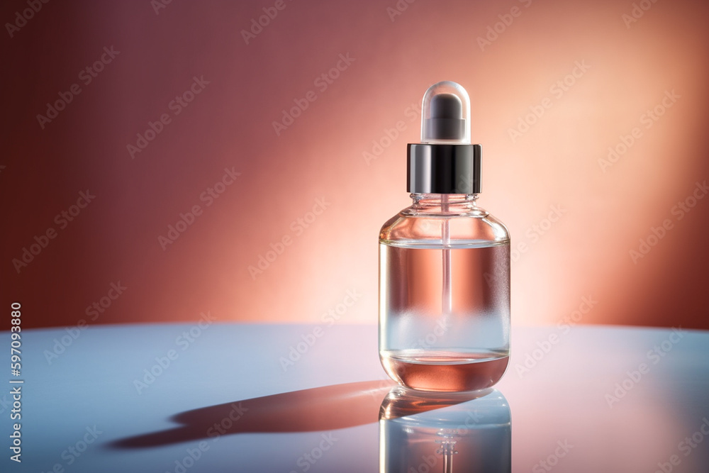 Oil serum glass bottle on a beautiful aesthetic background. Skin care serum. Cosmetics. Generative Ai. Oil serum glass bottle on a beautiful aesthetic background. Skin care serum. Cosmetics. Generative Ai.