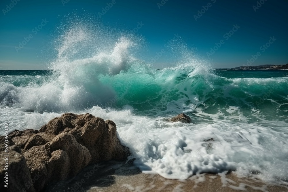 Sunny day, Beauty of marine nature, strength and power of the water element in form of a large turquoise sea wave crashing on shore. AI generative