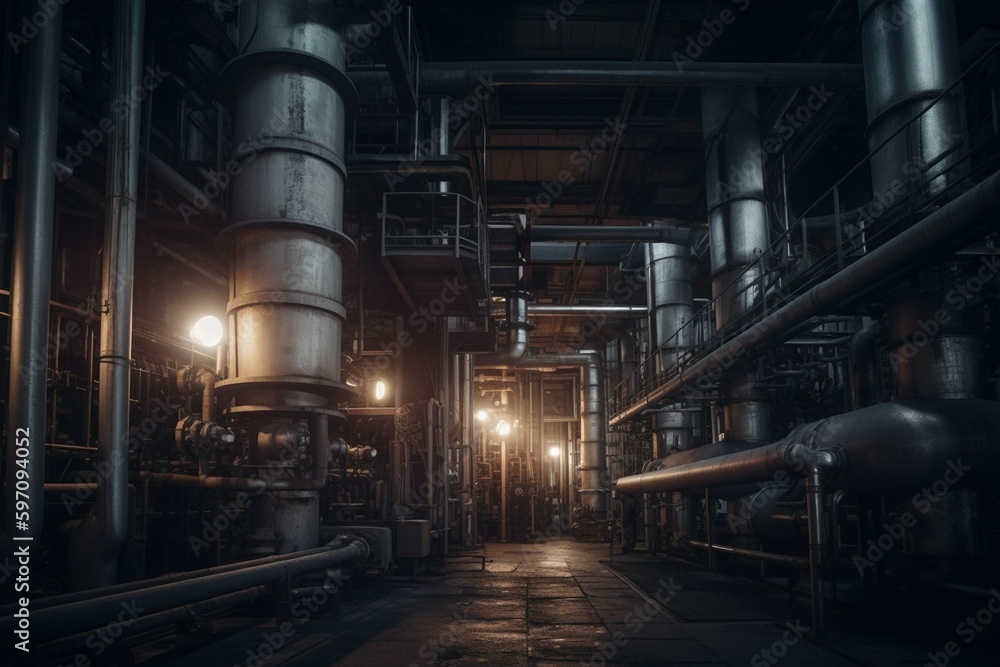 A large ammonia production workshop of petrochemical plant with tube furnace, shaft converter, and CO2 adsorber outside. Copy space available. Generative AI