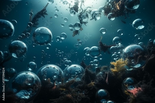 Underwater scene with bubbles at the bottom of the seabed. Generative AI