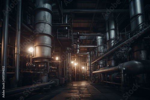 A large ammonia production workshop of petrochemical plant with tube furnace, shaft converter, and CO2 adsorber outside. Copy space available. Generative AI