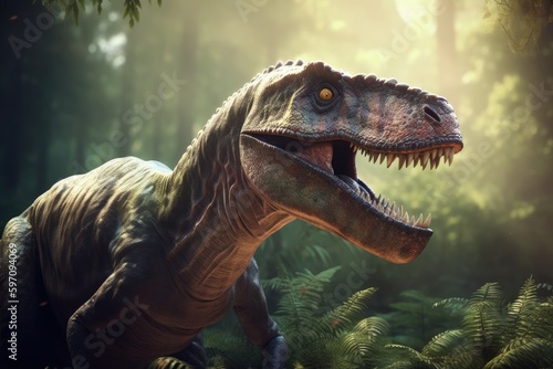 realistic dinosaur in a lush green forest setting. Generative AI