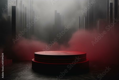 3D red foggy podium stage in creative background with mockup advertisement space. Generative AI