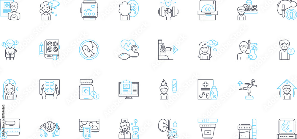 Healthcare administration linear icons set. Management, Leadership, Efficiency, Strategy, Operations, Budgeting, Planning line vector and concept signs. Generative AI