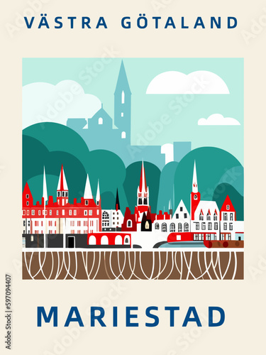 Mariestad: Poster der schwedischen Stadt mit einer Illustration