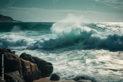 Sunny day, Beauty of marine nature, strength and power of the water element in form of a large turquoise sea wave crashing on shore. AI generative