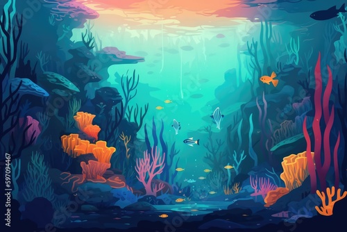 Underwater paradise teeming with life, with brightly colored fish and corals, and shafts of sunlight piercing the depths in a mesmerizing display. Generative AI