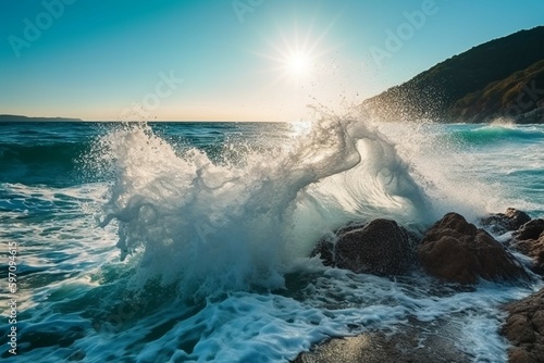 Sunny day, Beauty of marine nature, strength and power of the water element in form of a large turquoise sea wave crashing on shore. AI generative