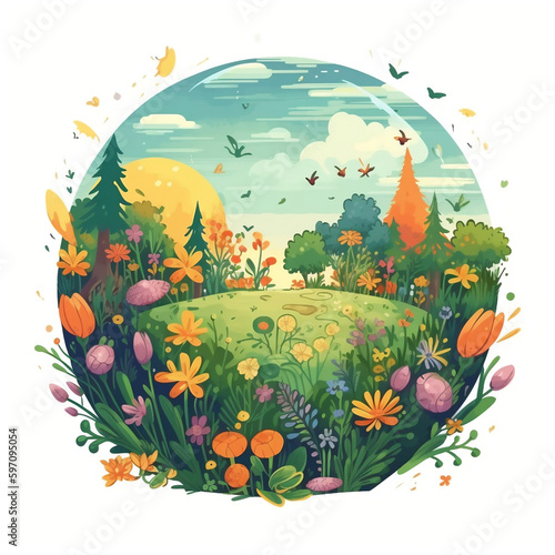 round landscape with flowers and trees. Generative AI