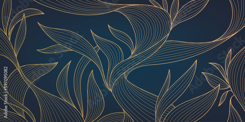 Vector golden leaves botanical modern, art deco wallpaper background pattern. Line design for interior design, textile, texture, poster, package, wrappers, gifts. Luxury. Japanese style.