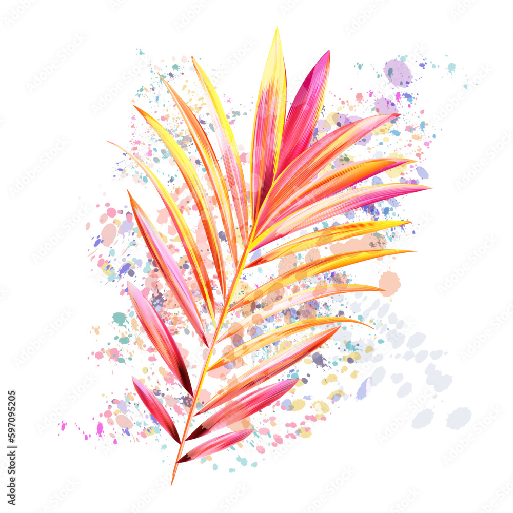 Obraz premium Illustration with vector tropical pink yellow palm leaf in watercolor style