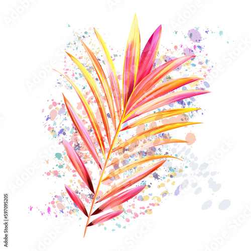 Illustration with vector tropical pink yellow palm leaf in watercolor style