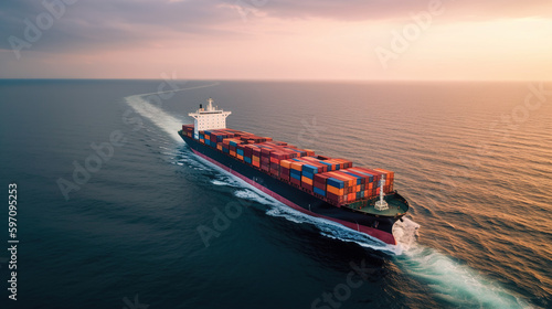Aerial view of a container ship transporting cargo as it travels from a cargo yard port to a bespoke ocean freight shipping idea. generative ai.