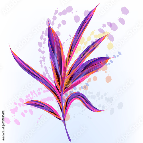 Illustration with vector tropical pink purple palm leaf in watercolor style