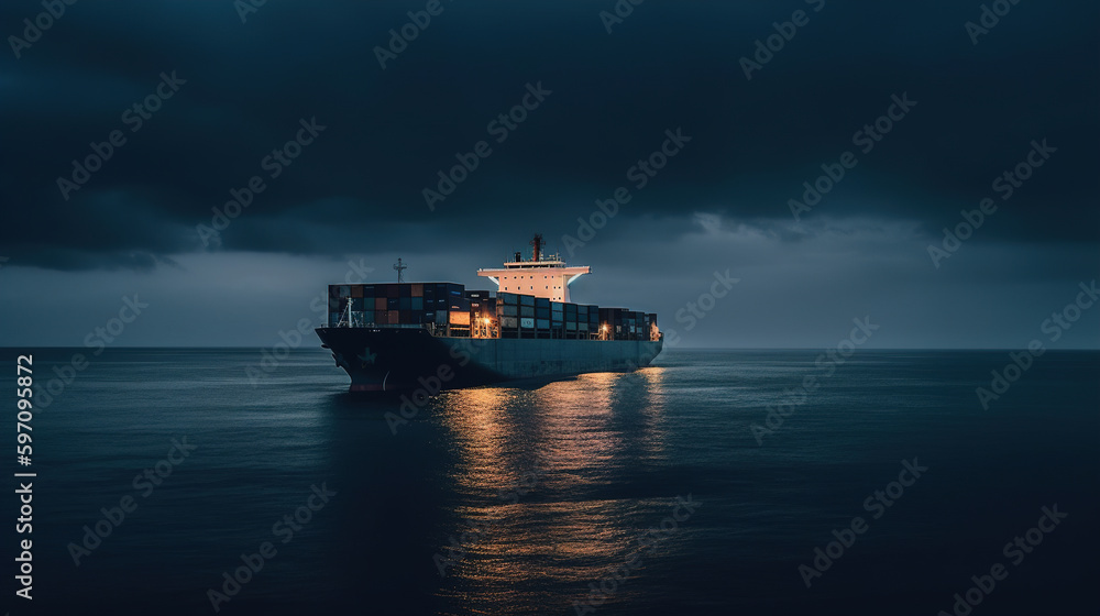 Container ship transporting cargo at night. generative ai.