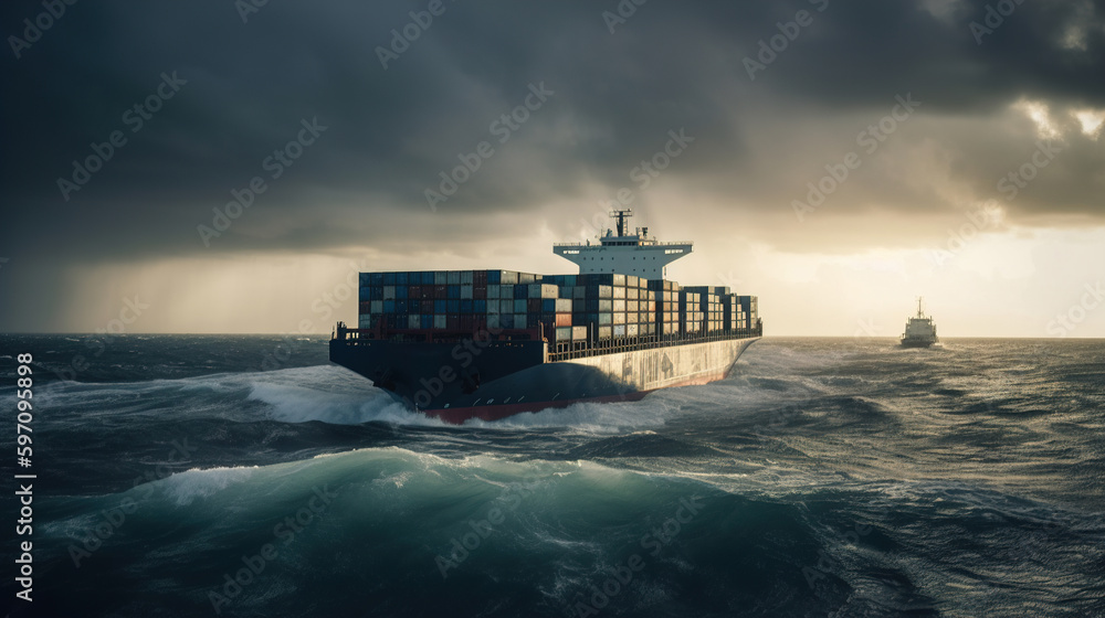 Container ship transporting cargo as it travels from a cargo yard port to a bespoke ocean freight shipping idea. generative ai.