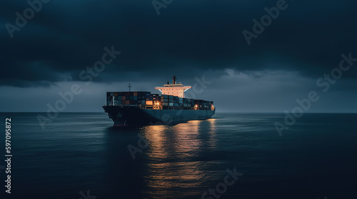 Container ship transporting cargo at night. generative ai.