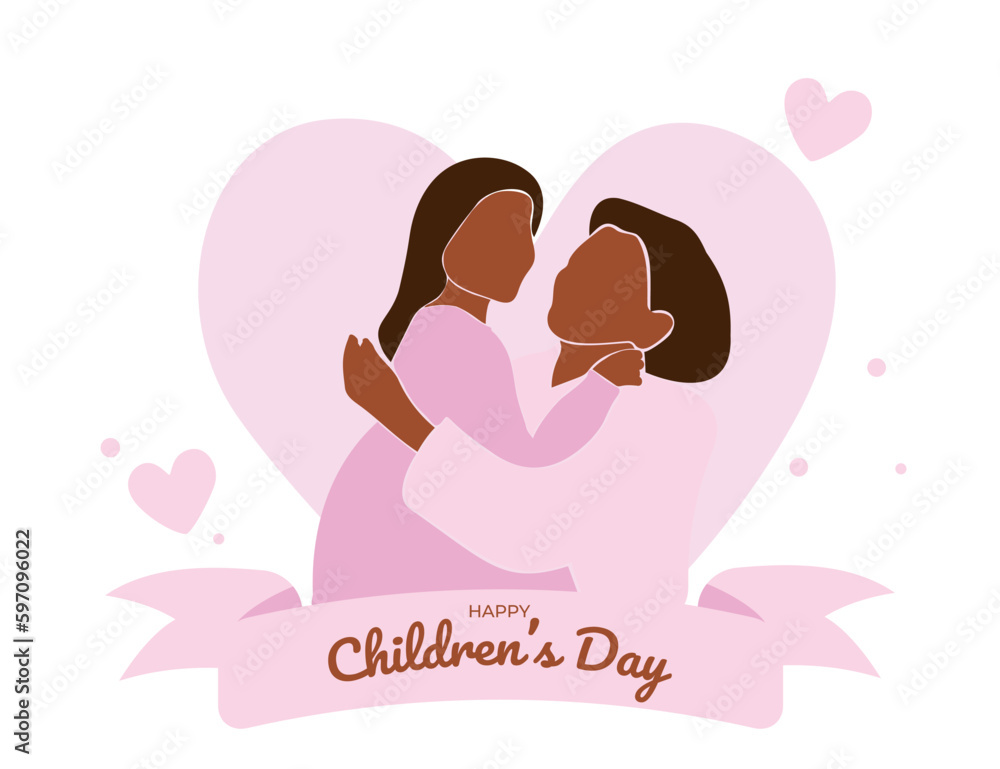 Happy Children's Day card. Black mom hugs the child. Mother hugs her daughter. Faceless vector illustration. EPS 10. Happy Children's Day card. Black mom hugs the child. Mother hugs her daughter. Faceless vector illustration. EPS 10.