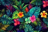Tropical Leaves and Flowers on a Dark Background. Generative AI