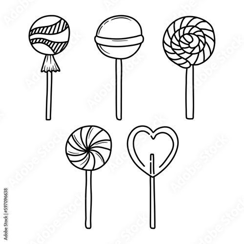 Vector hand drawn outline illustration of sweet candies. Set of candy lolipop Black contour doodle in line art style. 