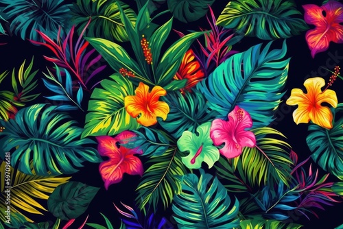 Tropical Leaves and Flowers on a Dark Background. Generative AI © AkuAku