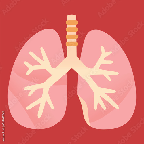 Lungs Vector Icon. Isolated Pink anatomical lungs and trachea, with bronchial tubes. Lung health, deep breaths, hyperventilating, breathing. Smoking, vaping.