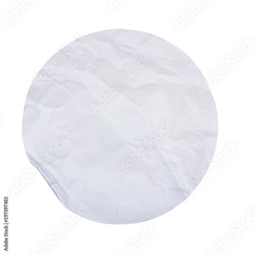 White round stickers with wrinkles and curl edges. Realistic set of glued paper patches, blank sticky tags or labels with folds and peel off corners isolated on background.