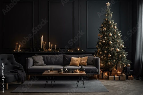 Scandinavian-style living room with Christmas tree  gifts  black sofa  and dark wall mockup. Generative AI