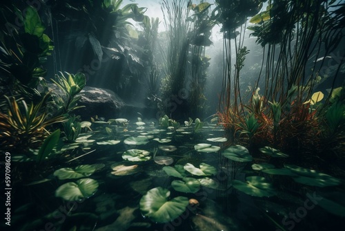 Aquatic life surrounded by plants in pond. Generative AI © Eris
